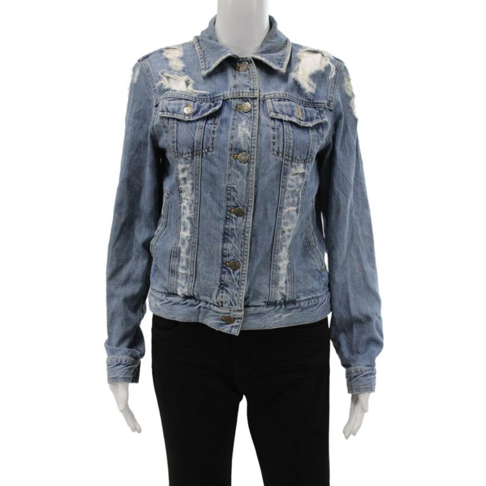 Furst of a Kind Women Blue Distressed Basic Jacket Button Long Sleeve Size S